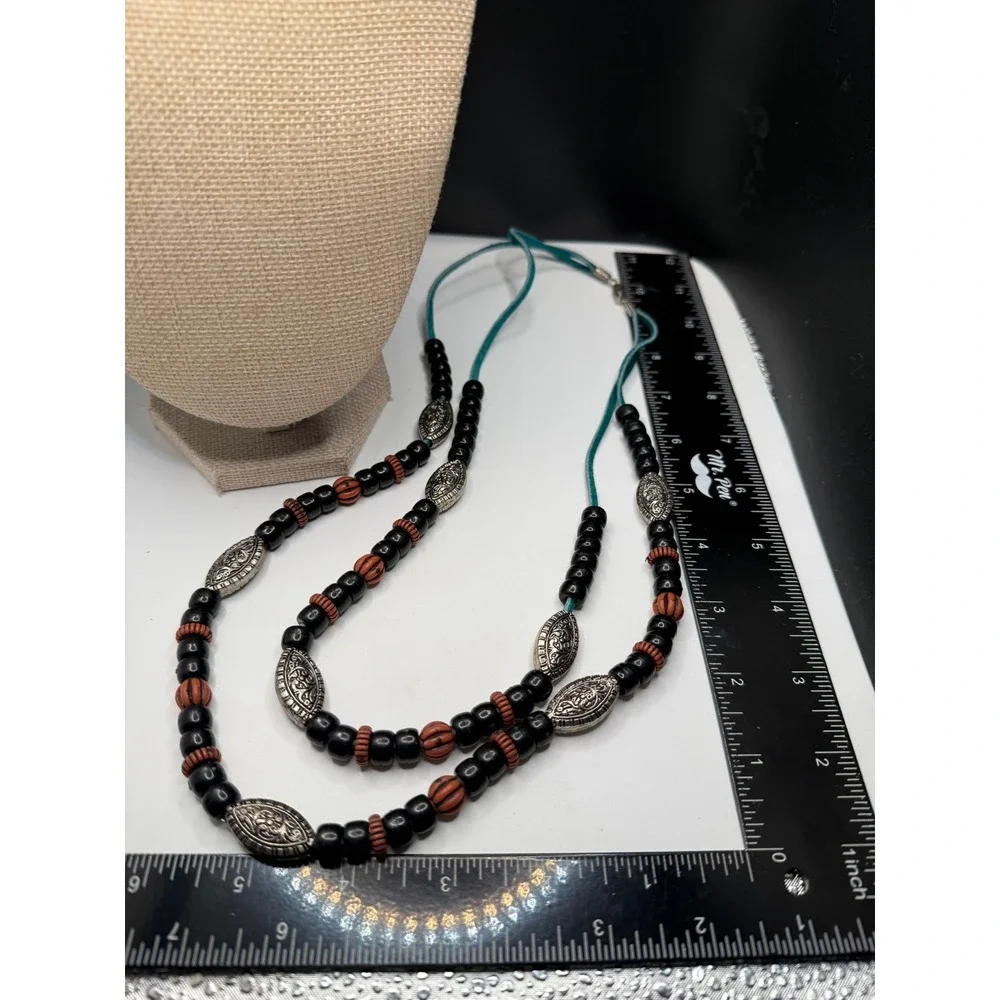 Boho Beaded Multi Strand Necklace Turquoise Suede Cord Silver Tone Accents 32in